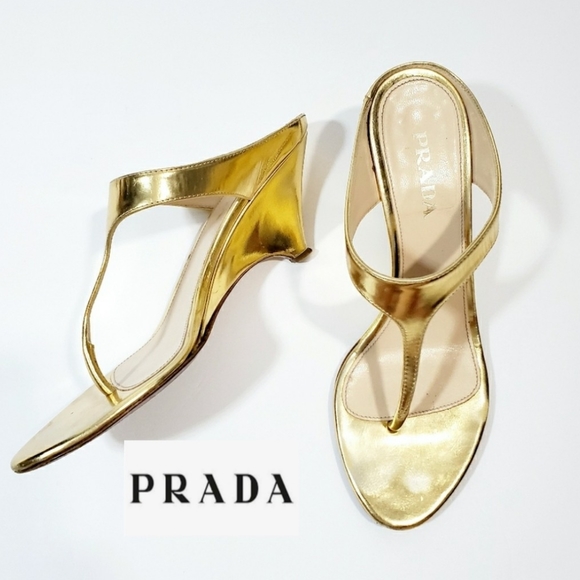 Prada Shoes - Prada authentic patent leather golden wedge sandal